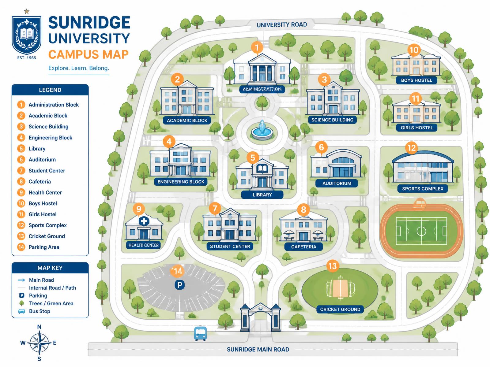 Campus orientation map placeholder showing academic blocks, hostels and sports facilities
