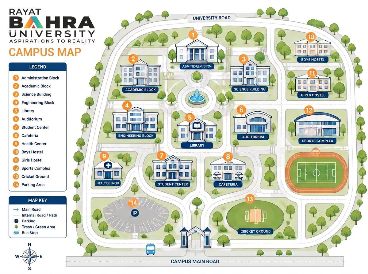 Campus orientation map placeholder showing academic blocks, hostels and sports facilities